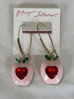 Betsey Johnson Pink Apple Drop Earrings with Red Heart Crystal Centers NWT